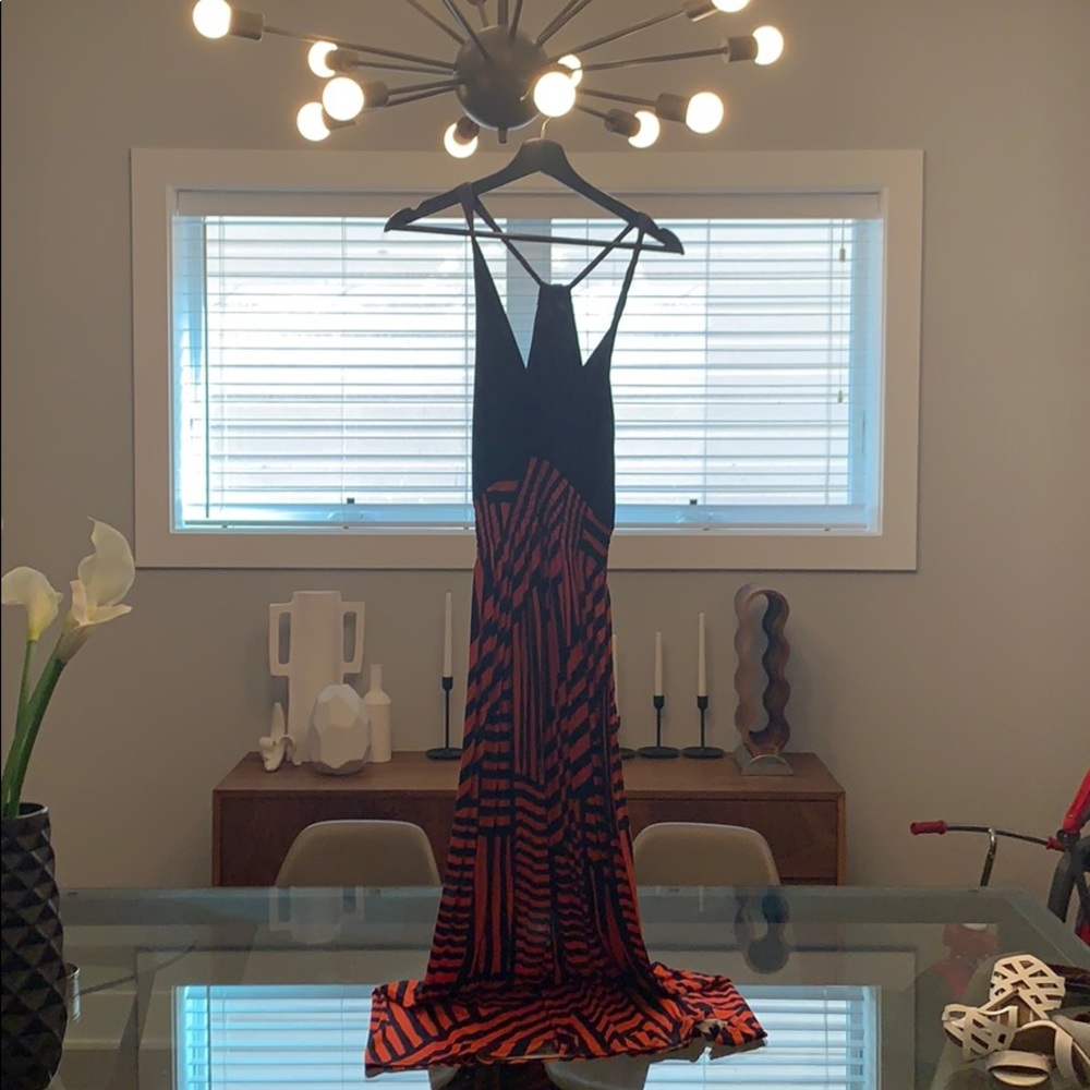 Orange + blue striped maxi dress